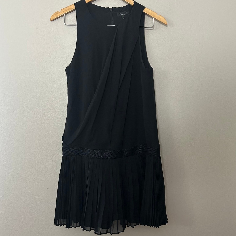 Rag & Bone Mini Dress Women 6 Black Silk Blend Pleated Draped Drop Waist LBD